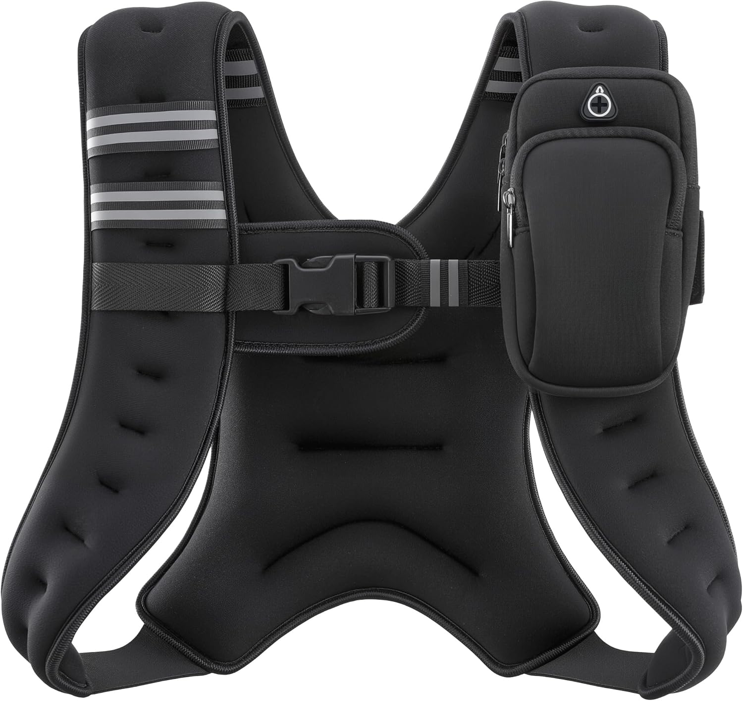 Black compression weighted vest with reflective stripe and adjustable weight pockets, front view — view 1