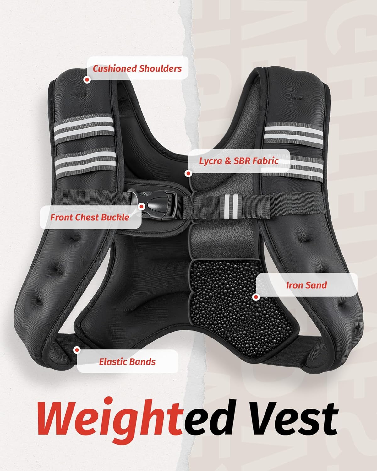 Black compression weighted vest with reflective stripe and adjustable weight pockets, front view — view 4