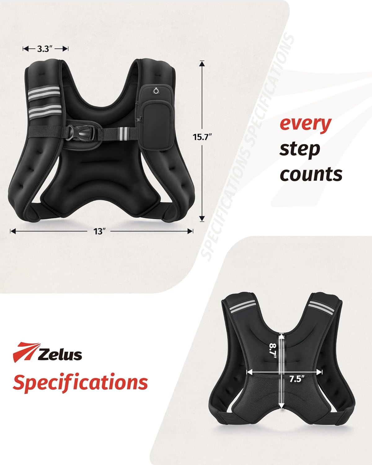 Black compression weighted vest with reflective stripe and adjustable weight pockets, front view — view 5