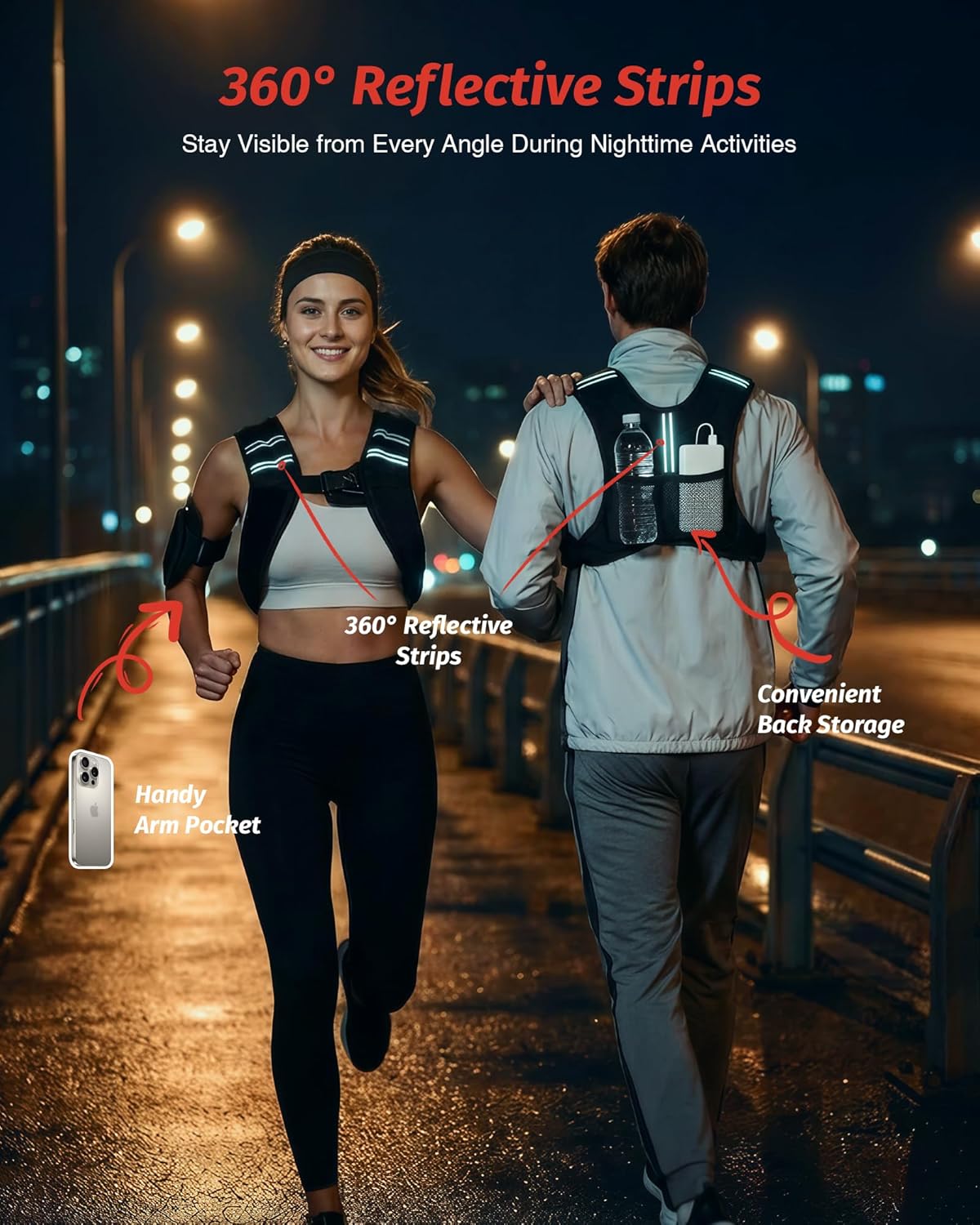 Black compression weighted vest with reflective stripe and adjustable weight pockets, front view — view 3a