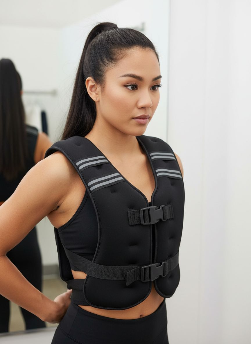 Black compression weighted vest with reflective stripe and adjustable weight pockets, front view — view 3b