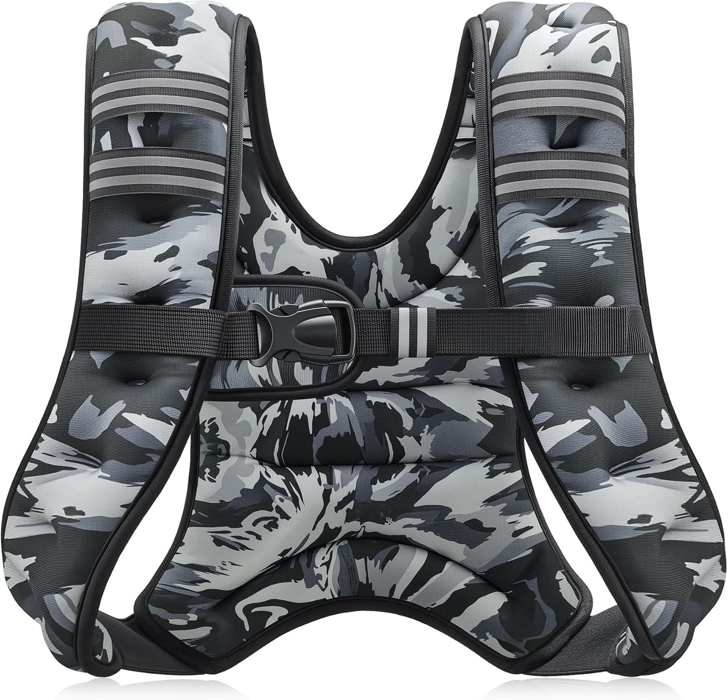 Black compression weighted vest with reflective stripe and adjustable weight pockets, front view — view 4