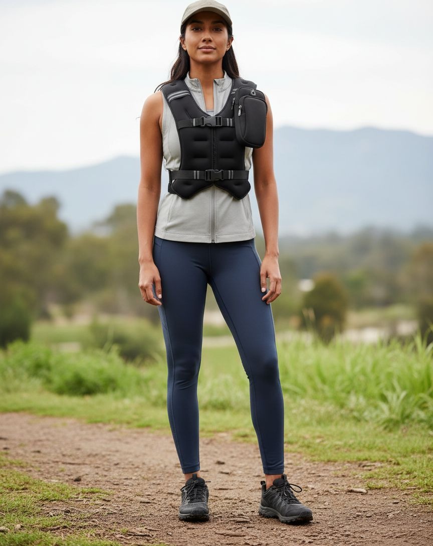 Black compression weighted vest with reflective stripe and adjustable weight pockets, front view — view 5b
