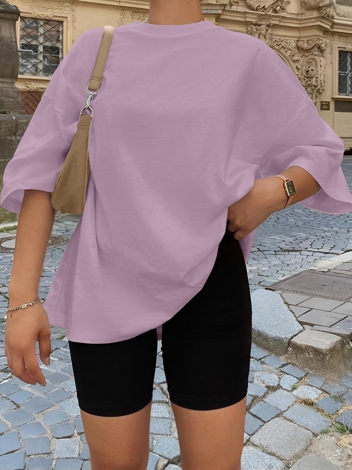 Oversized workout t-shirt in {color} with moisture-wicking fabric, displayed front view on model — view 3