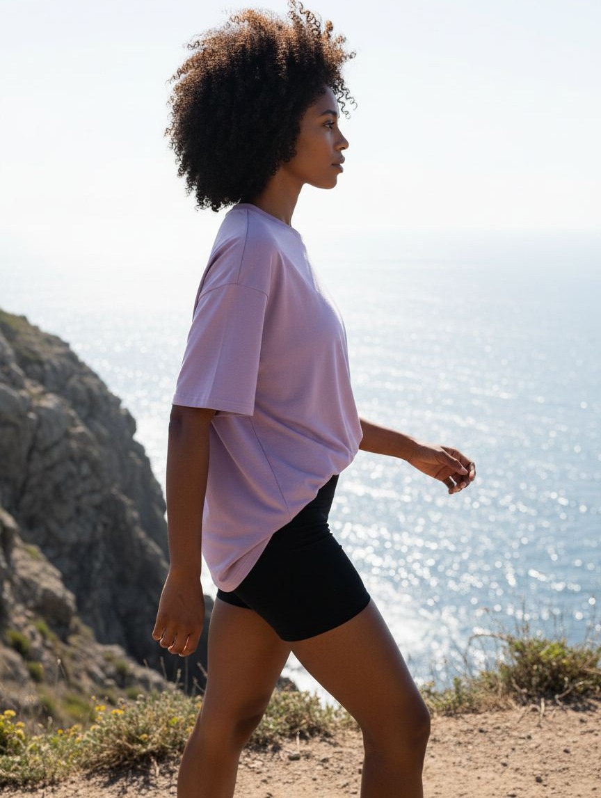 Oversized workout t-shirt in {color} with moisture-wicking fabric, displayed front view on model — view 3a