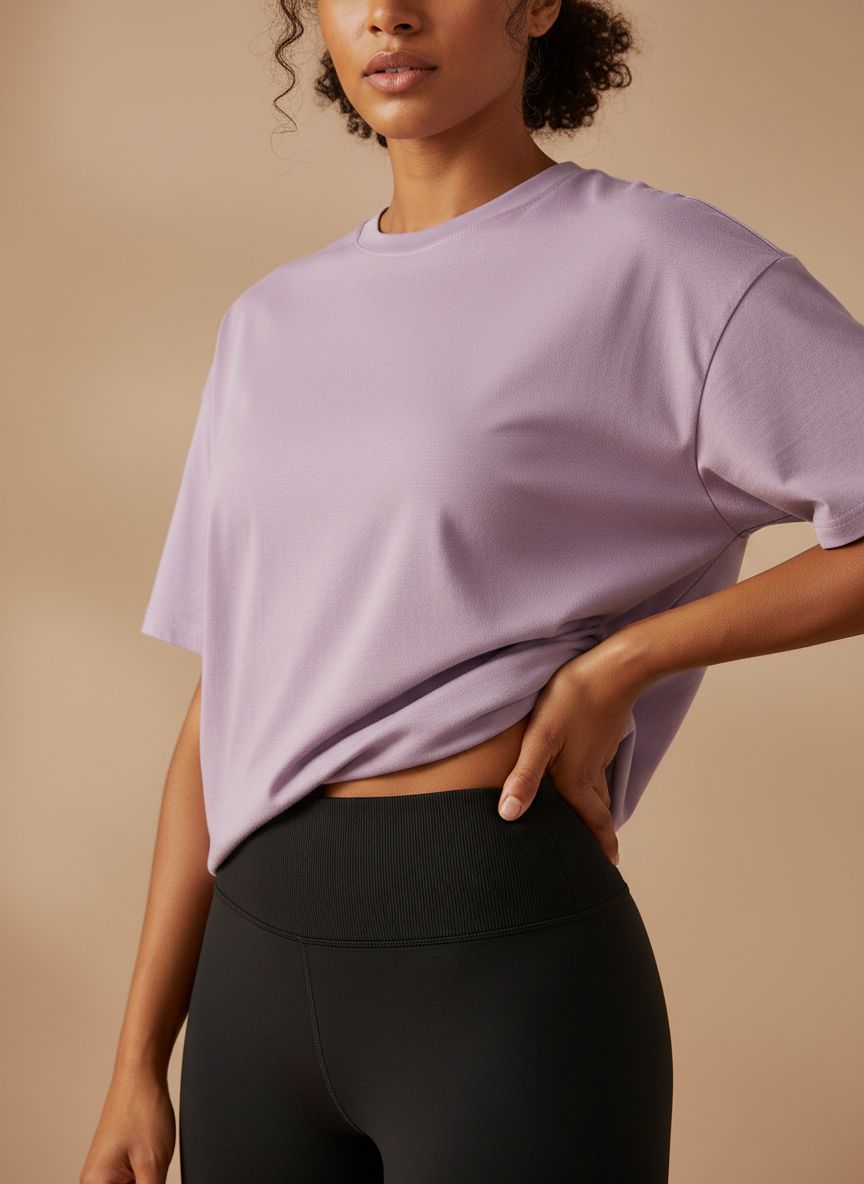 Oversized workout t-shirt in {color} with moisture-wicking fabric, displayed front view on model — view 3b