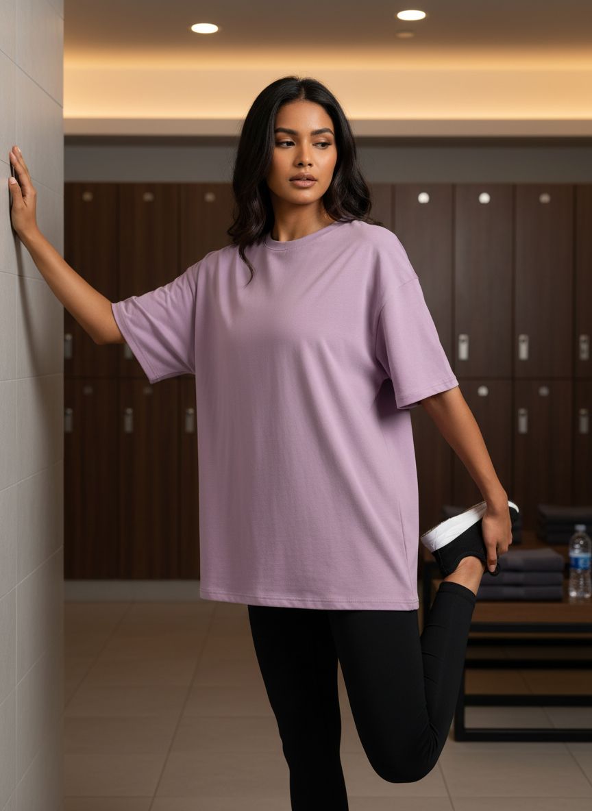 Oversized workout t-shirt in {color} with moisture-wicking fabric, displayed front view on model — view 4