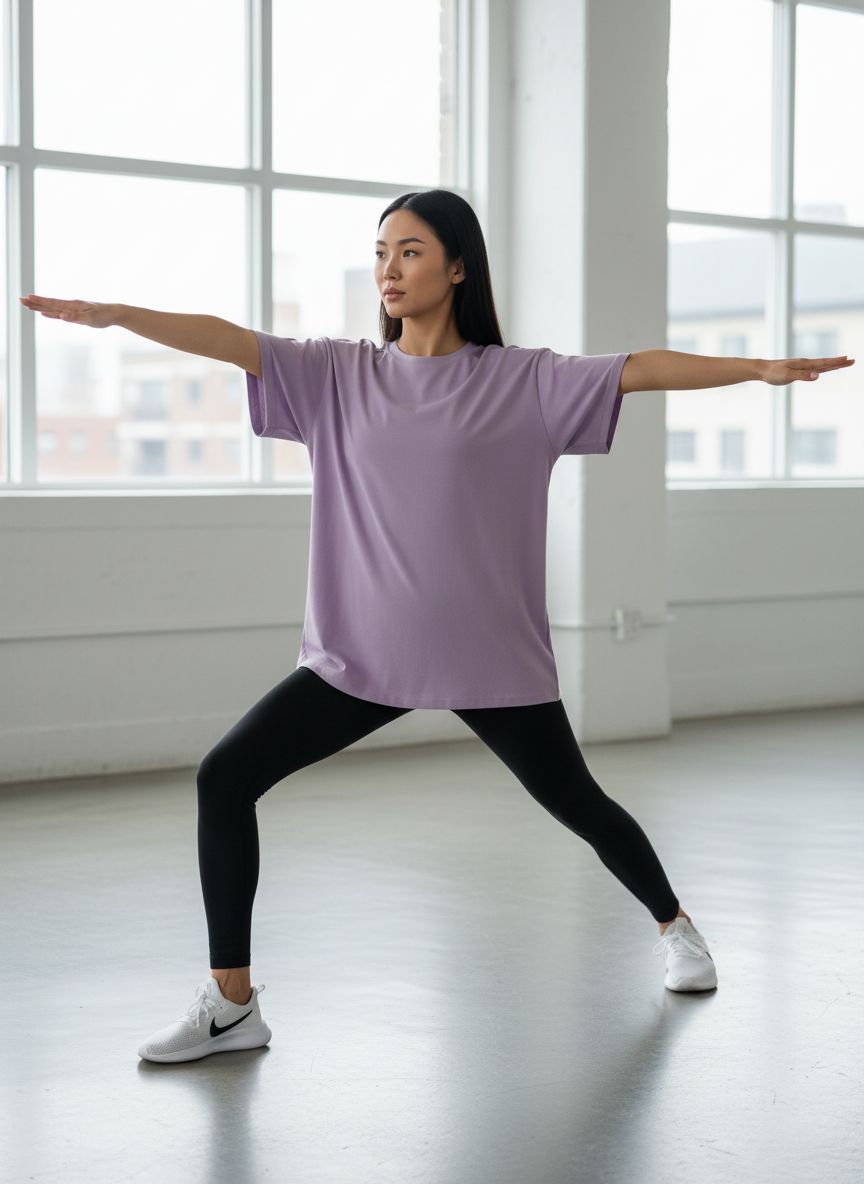 Oversized workout t-shirt in {color} with moisture-wicking fabric, displayed front view on model — view 5a