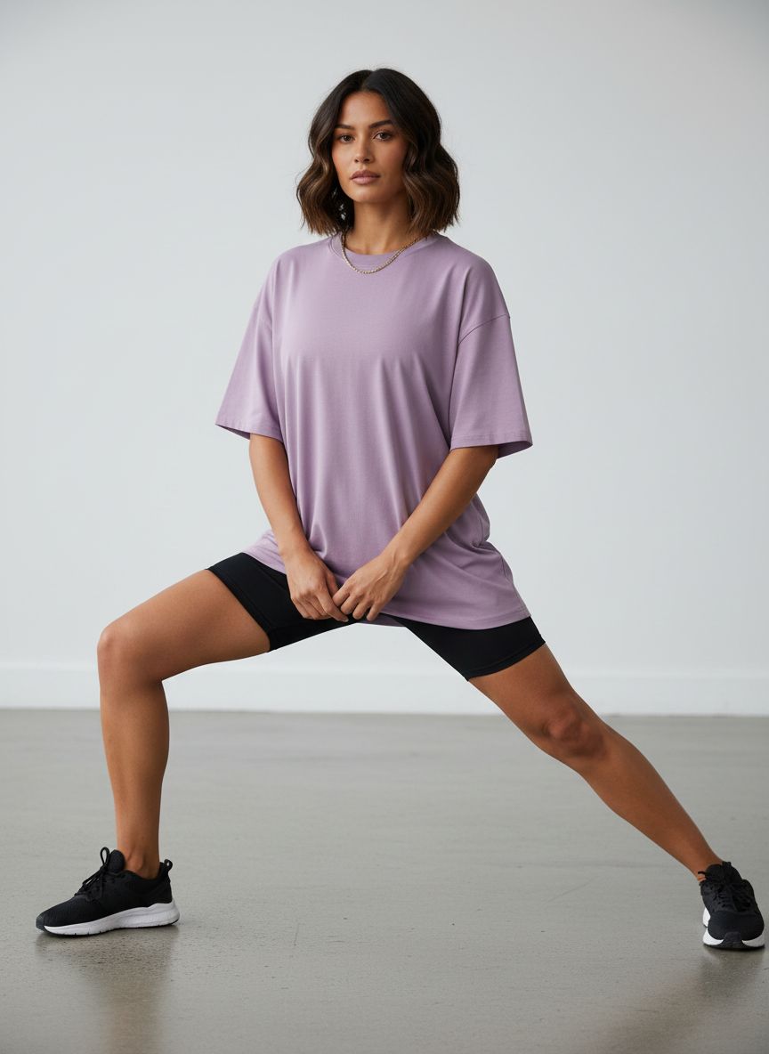 Oversized workout t-shirt in {color} with moisture-wicking fabric, displayed front view on model — view 5b