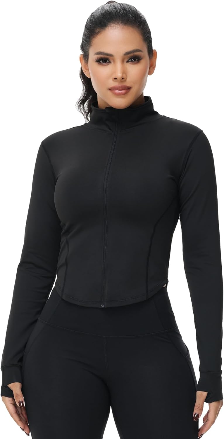 Cropped full-zip running jacket in [color] with moisture-wicking fabric and thumb holes detail — view 2