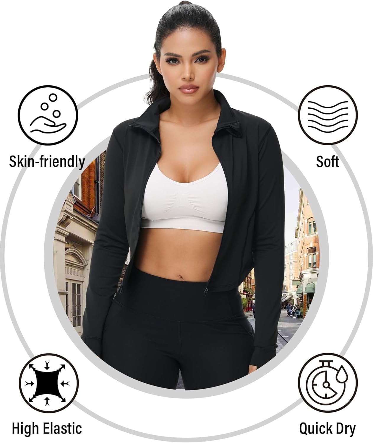 Cropped full-zip running jacket in [color] with moisture-wicking fabric and thumb holes detail — view 3