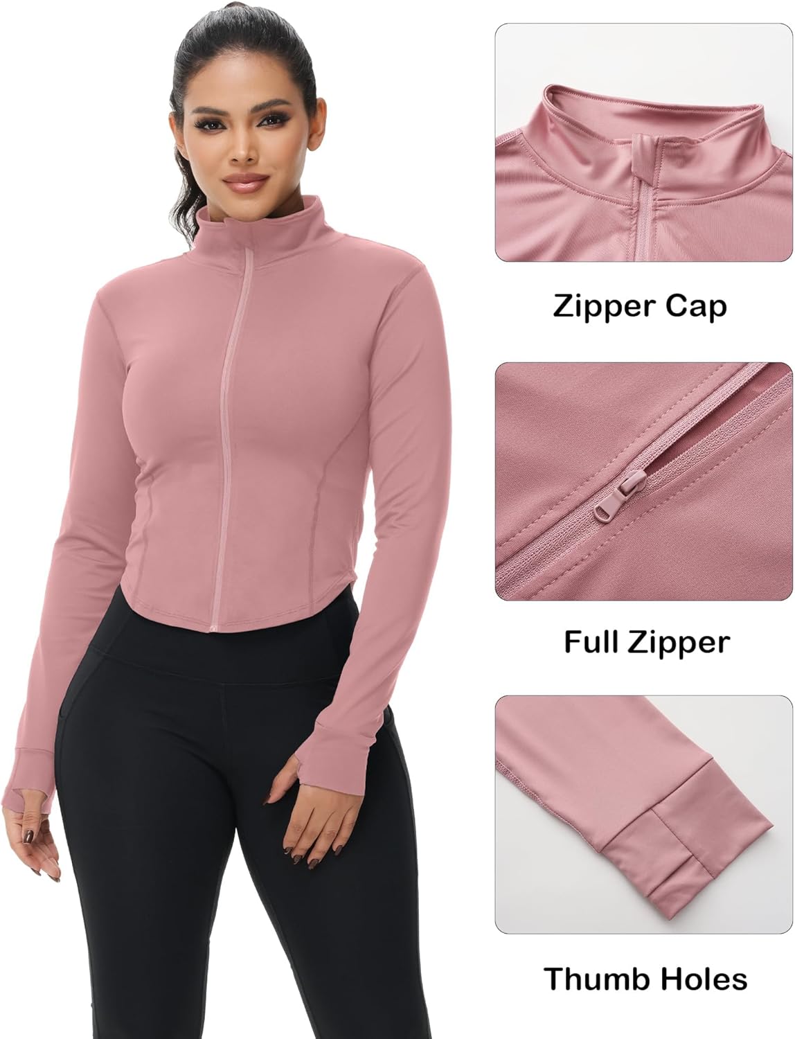 Cropped full-zip running jacket in [color] with moisture-wicking fabric and thumb holes detail — view 4