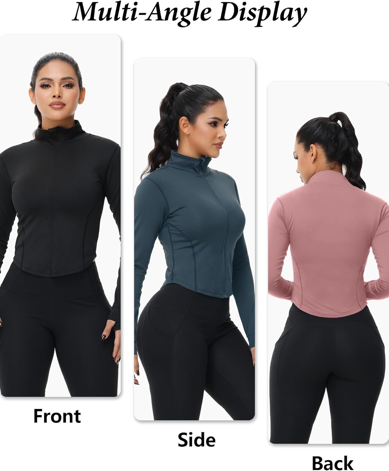 Cropped full-zip running jacket in [color] with moisture-wicking fabric and thumb holes detail — view 2