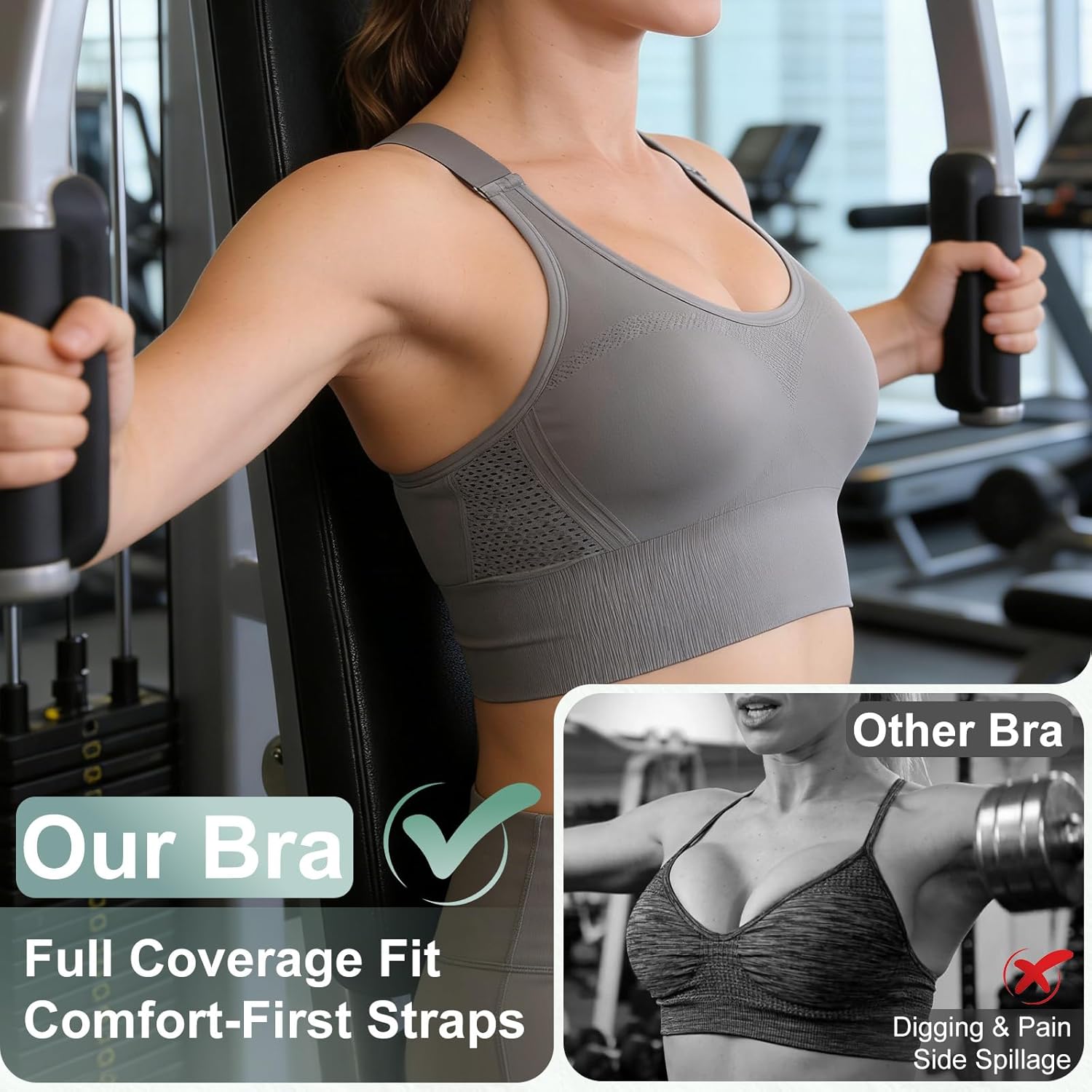 High-support padded racerback sports bra in {color} with four-way stretch fabric, front view showing fitted design — view 3