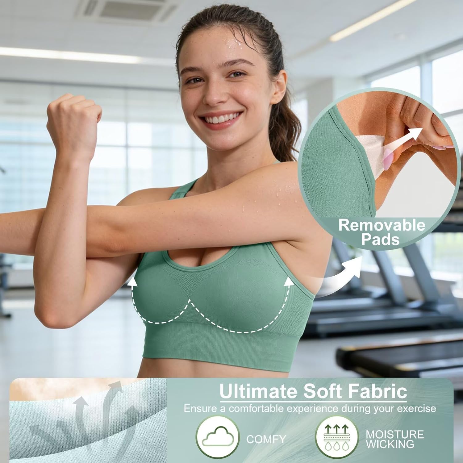 High-support padded racerback sports bra in {color} with four-way stretch fabric, front view showing fitted design — view 4