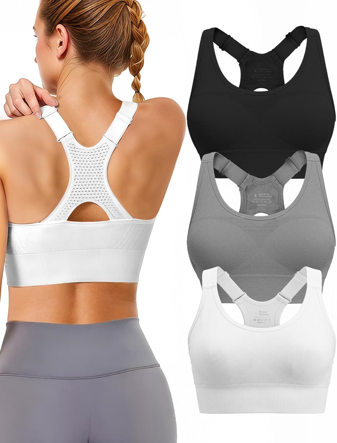 High-support padded racerback sports bra in {color} with four-way stretch fabric, front view showing fitted design — view 4