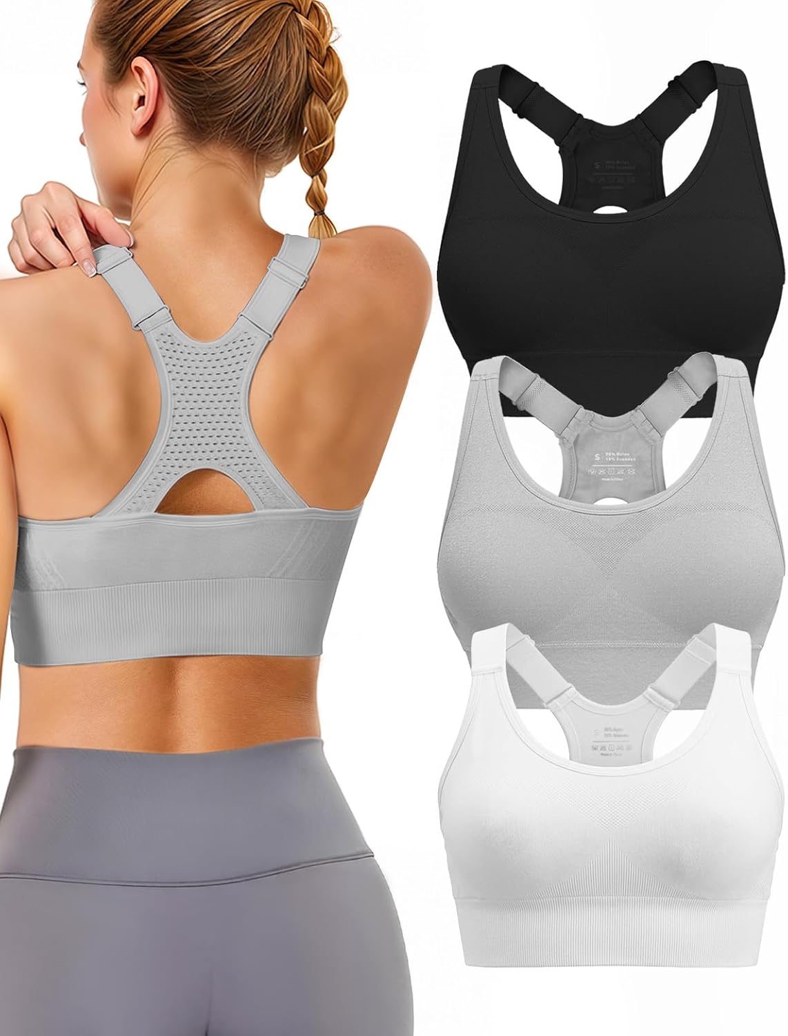 High-support padded racerback sports bra in {color} with four-way stretch fabric, front view showing fitted design — view 5