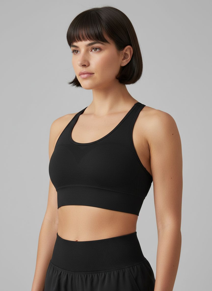 High-support padded racerback sports bra in {color} with four-way stretch fabric, front view showing fitted design — view 3b