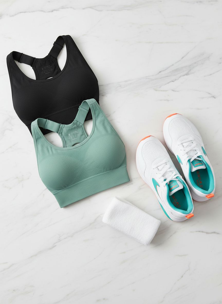 High-support padded racerback sports bra in {color} with four-way stretch fabric, front view showing fitted design — view 7b