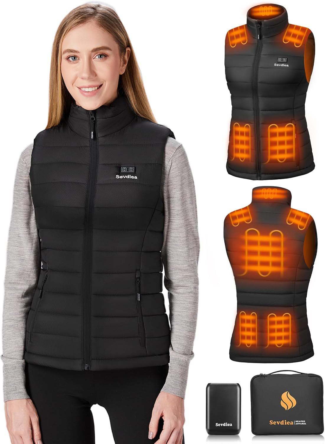 Black heated vest for women with integrated battery pack and electric warming technology — view 1