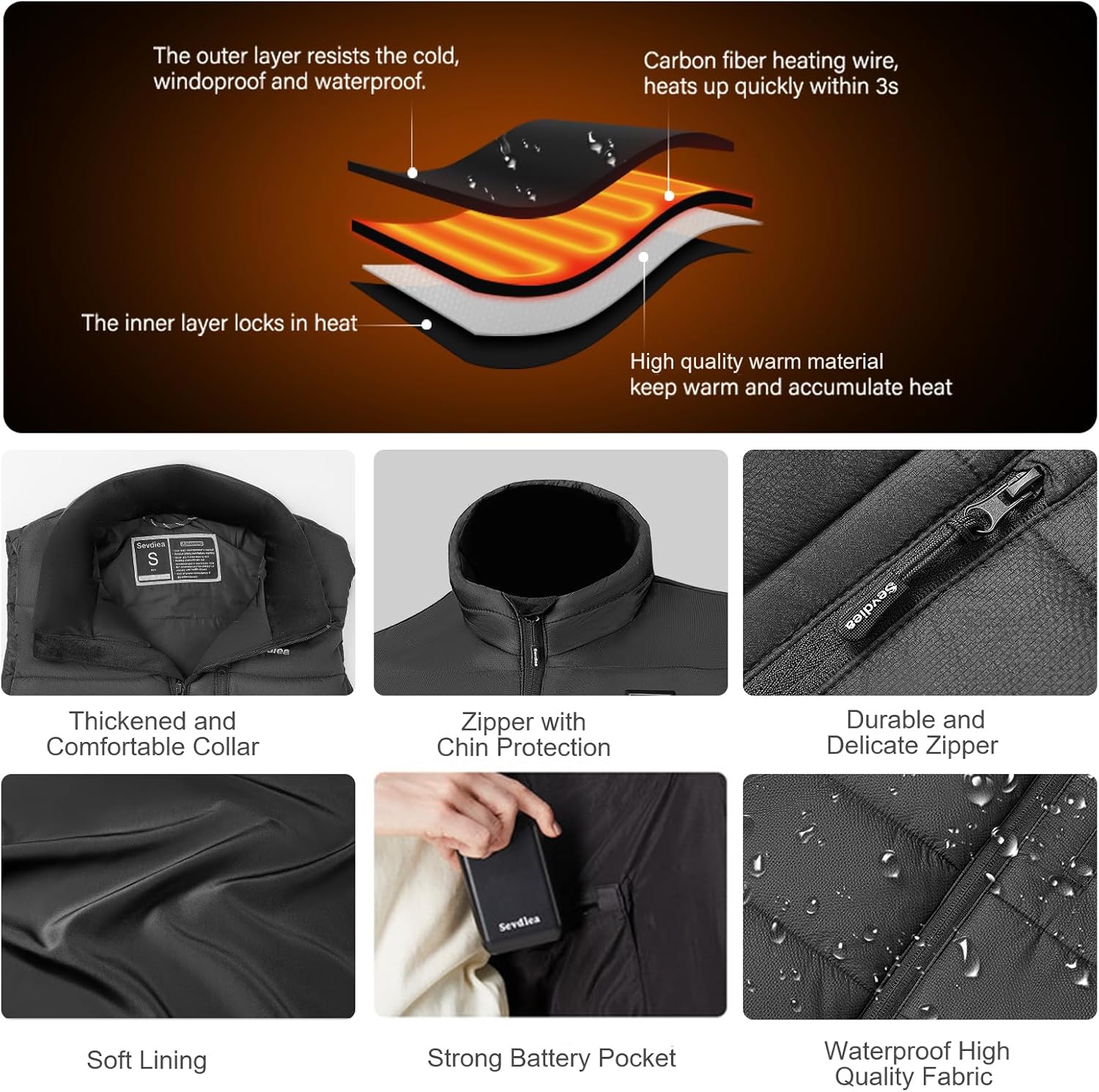 Black heated vest for women with integrated battery pack and electric warming technology — view 2