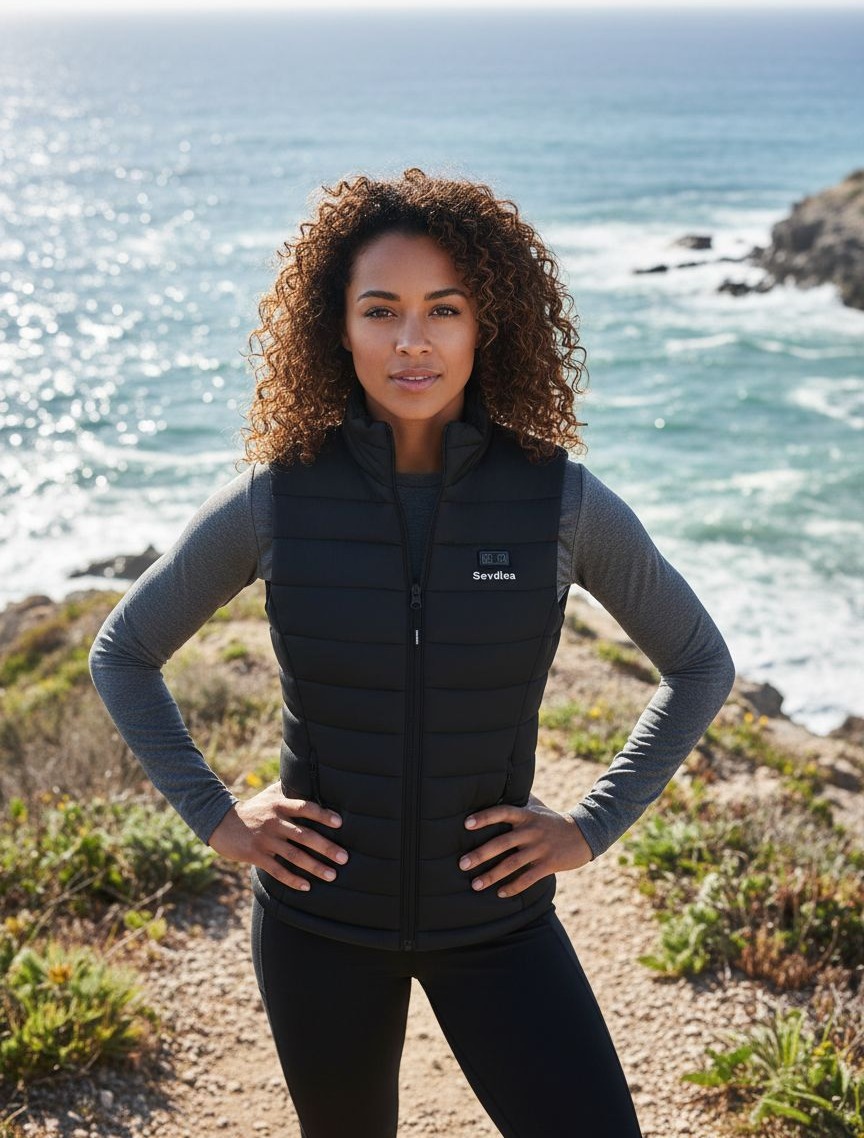 Black heated vest for women with integrated battery pack and electric warming technology