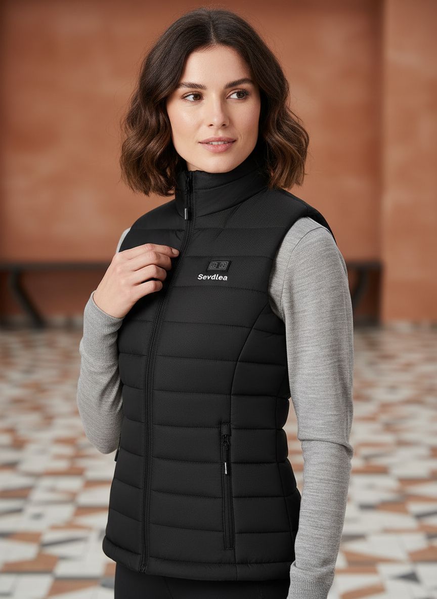 Black heated vest for women with integrated battery pack and electric warming technology — view 2