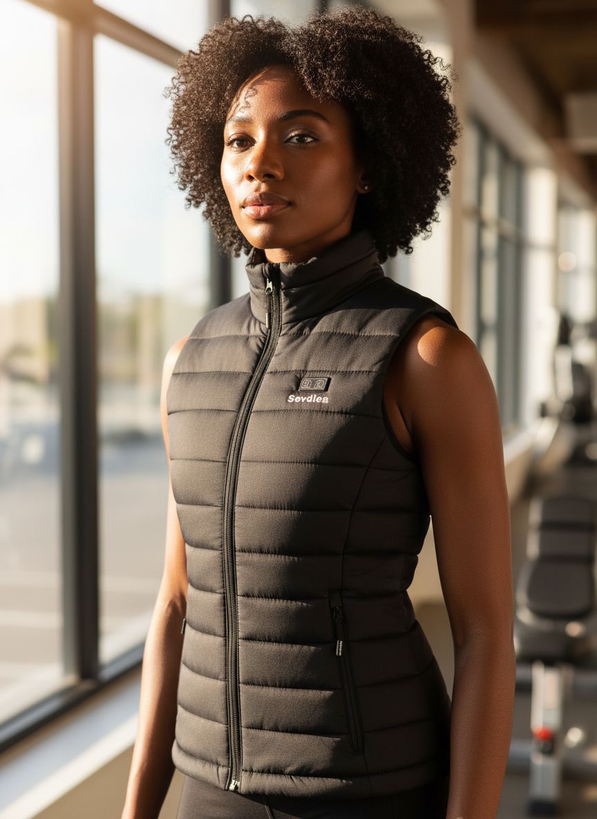 Black heated vest for women with integrated battery pack and electric warming technology — view 3a