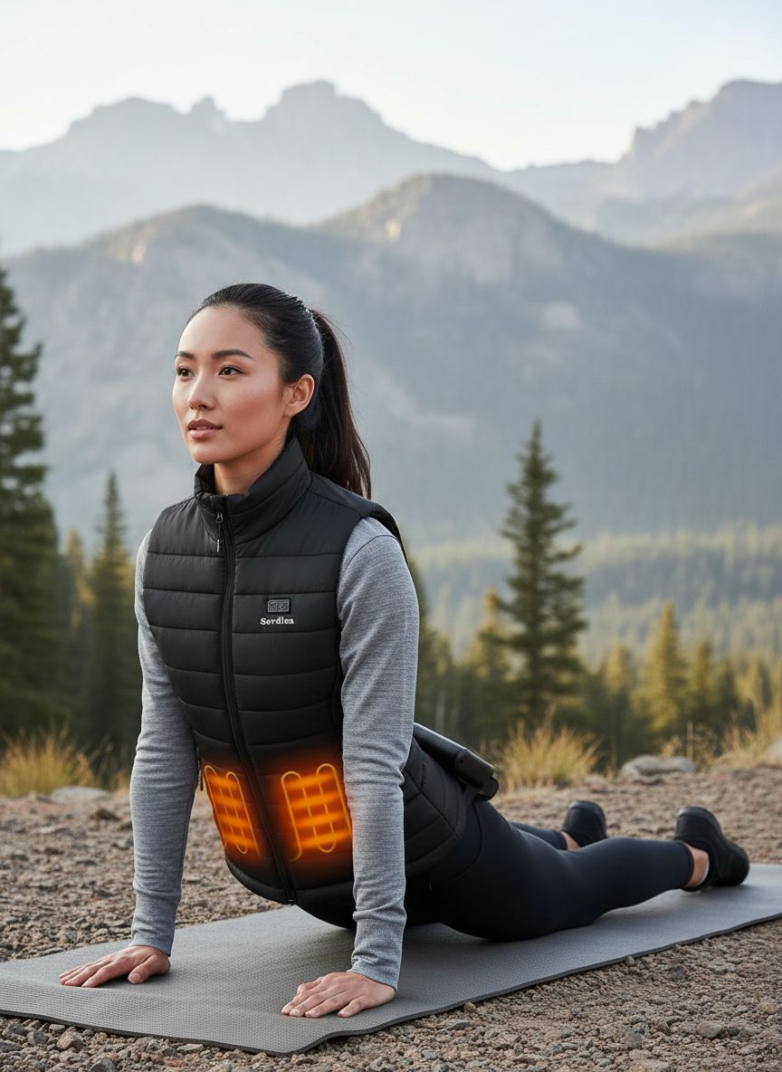 Black heated vest for women with integrated battery pack and electric warming technology — view 5a