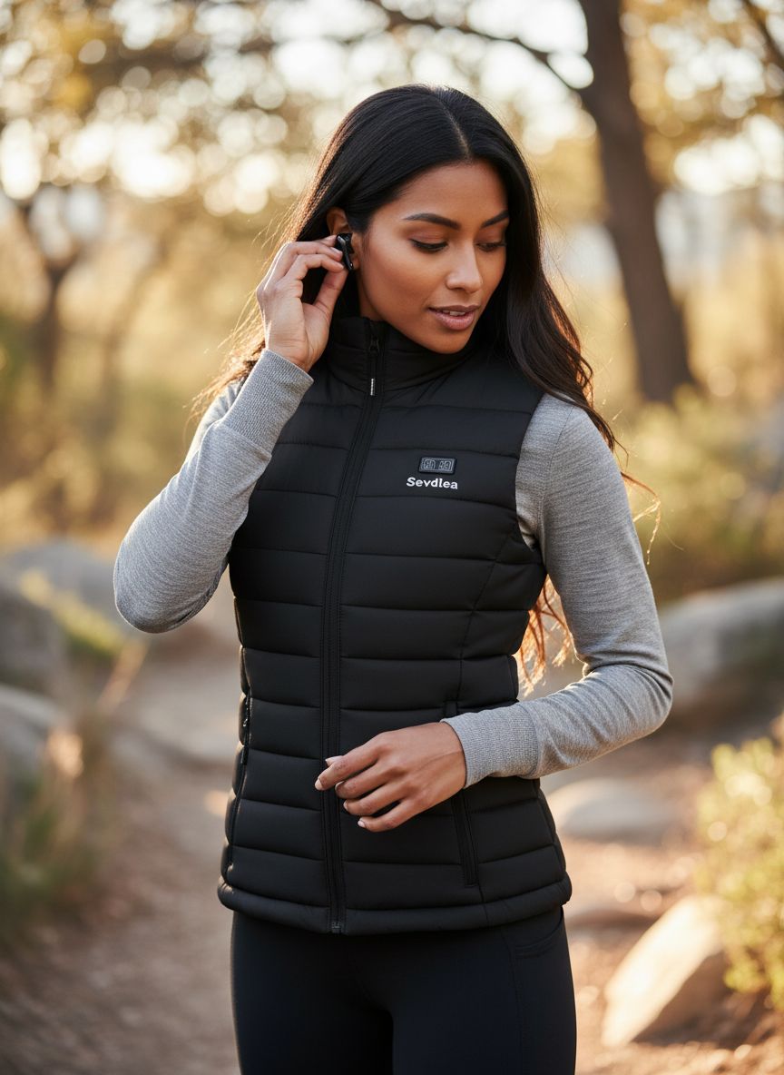 Black heated vest for women with integrated battery pack and electric warming technology — view 6
