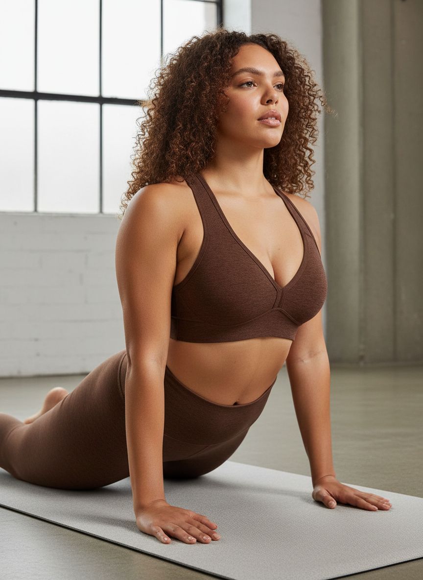 Spacedye multi-color yoga bra with fitted support, shown front view on model during yoga practice — view 4b