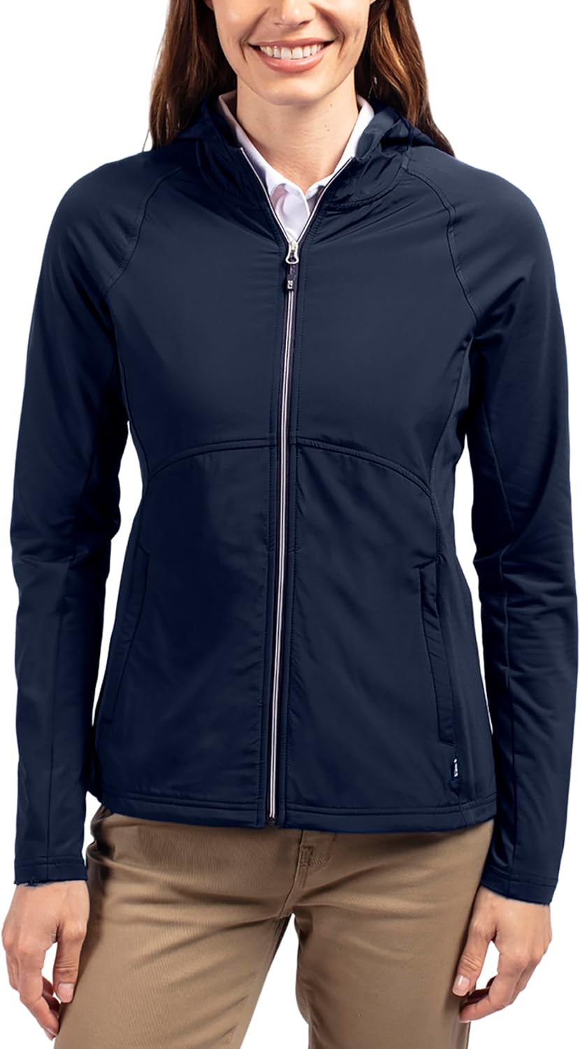 Black adapt hybrid full zip hoodie with moisture-wicking four-way stretch fabric, shown in relaxed fit for athleisure wear — view 1