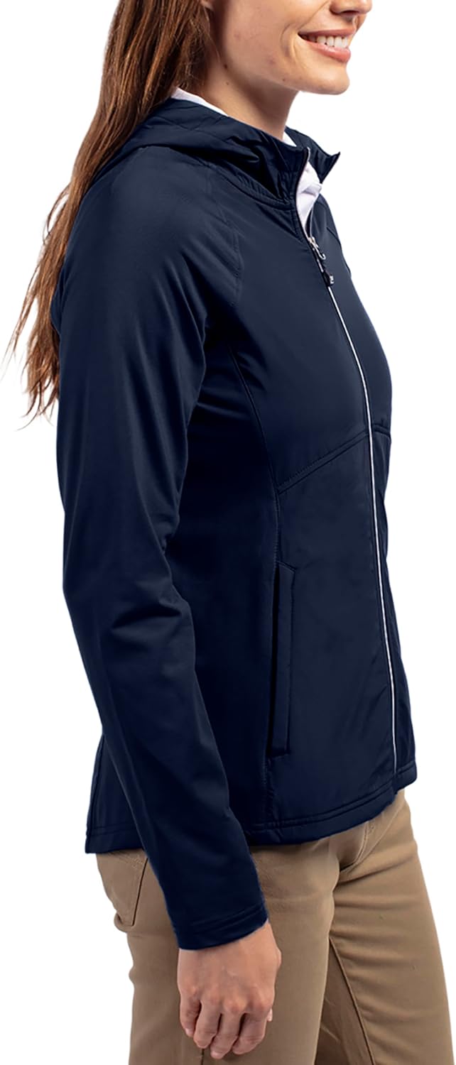 Black adapt hybrid full zip hoodie with moisture-wicking four-way stretch fabric, shown in relaxed fit for athleisure wear — view 3