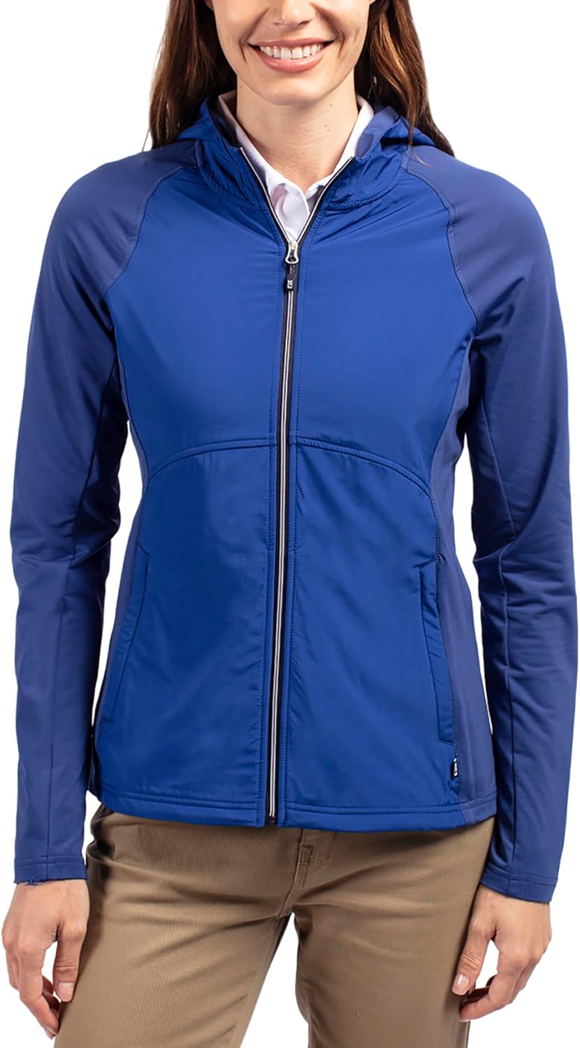 Black adapt hybrid full zip hoodie with moisture-wicking four-way stretch fabric, shown in relaxed fit for athleisure wear — view 4