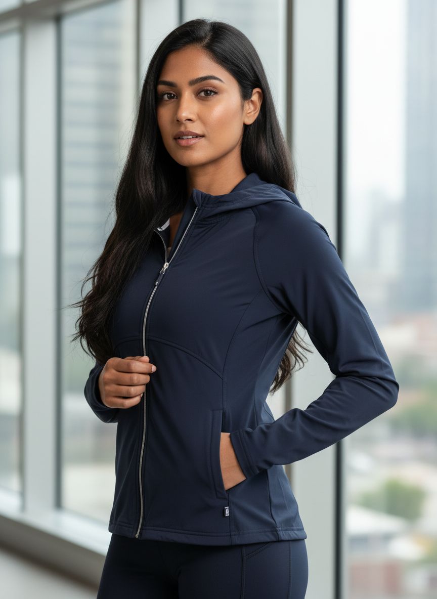 Black adapt hybrid full zip hoodie with moisture-wicking four-way stretch fabric, shown in relaxed fit for athleisure wear — view 1