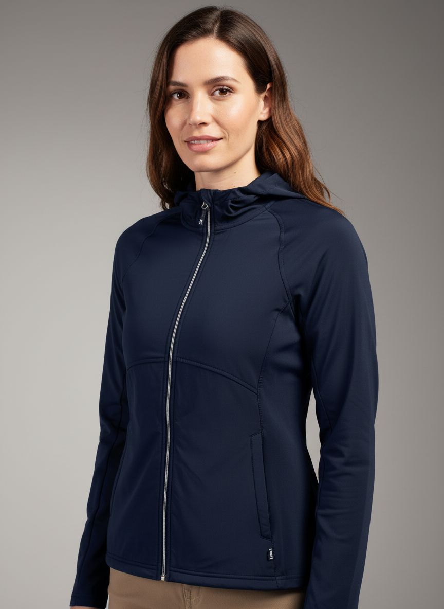 Black adapt hybrid full zip hoodie with moisture-wicking four-way stretch fabric, shown in relaxed fit for athleisure wear — view 2b