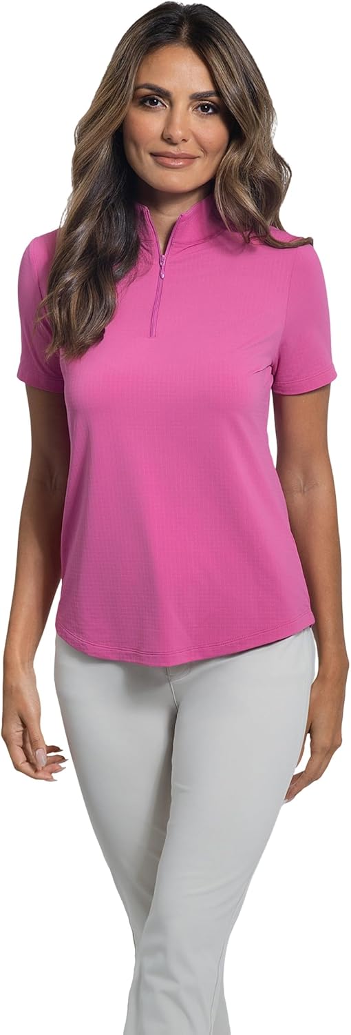 White short-sleeve mock neck top with UPF 50+ sun protection and cooling technology, front/side view — detail