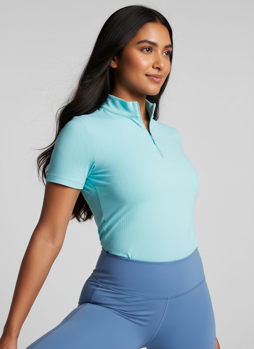 White short-sleeve mock neck top with UPF 50+ sun protection and cooling technology, front/side view — view 2b