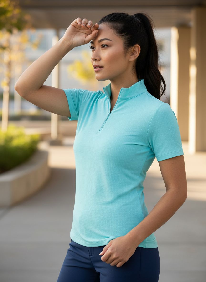 White short-sleeve mock neck top with UPF 50+ sun protection and cooling technology, front/side view — view 6a
