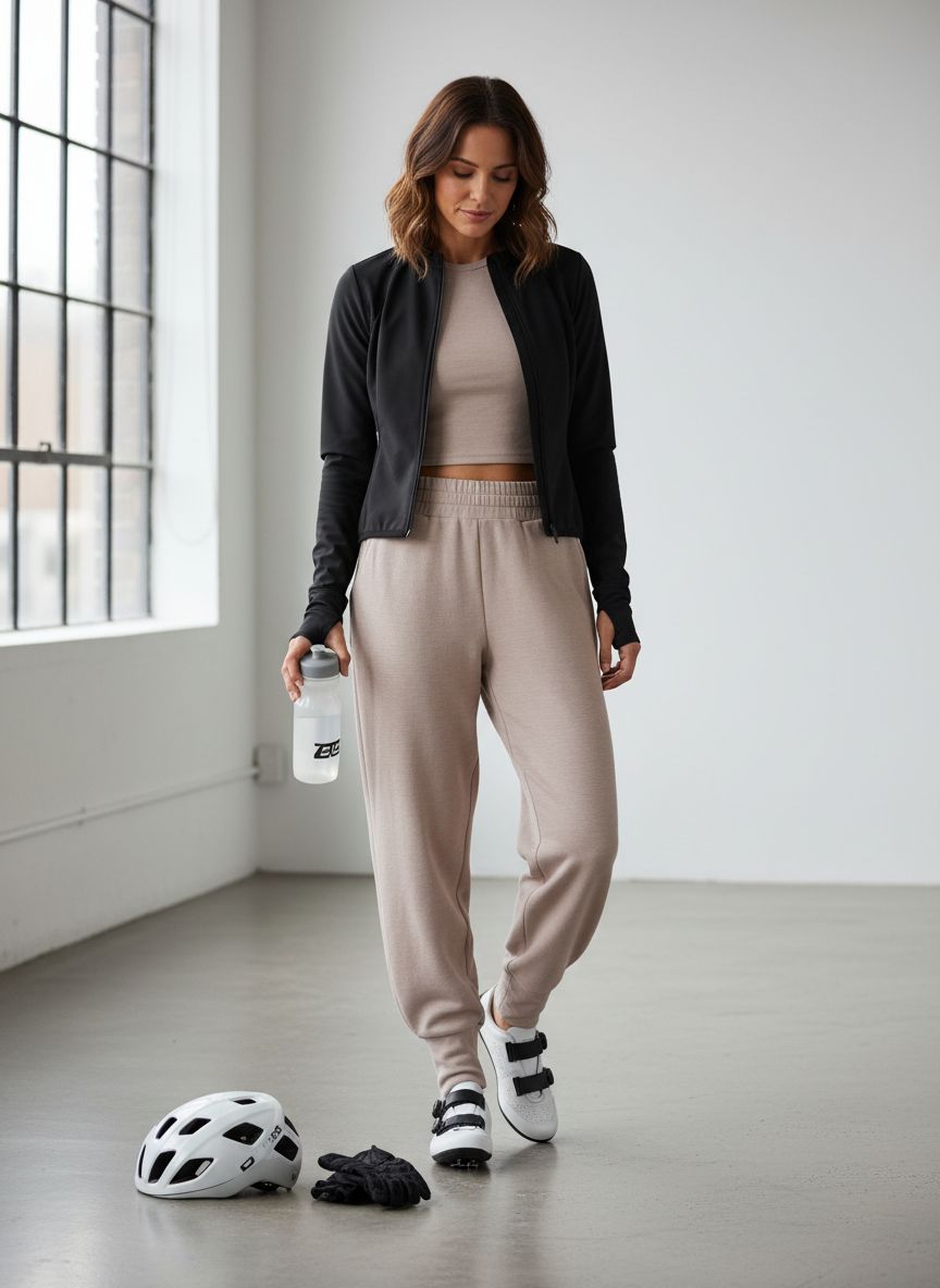 Black relaxed joggers with soft brushed fleece and moisture-wicking fabric, shown on model in athleisure setting — view 5