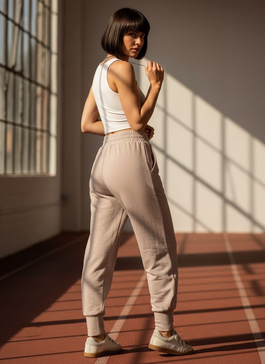 Black relaxed joggers with soft brushed fleece and moisture-wicking fabric, shown on model in athleisure setting — view 6a