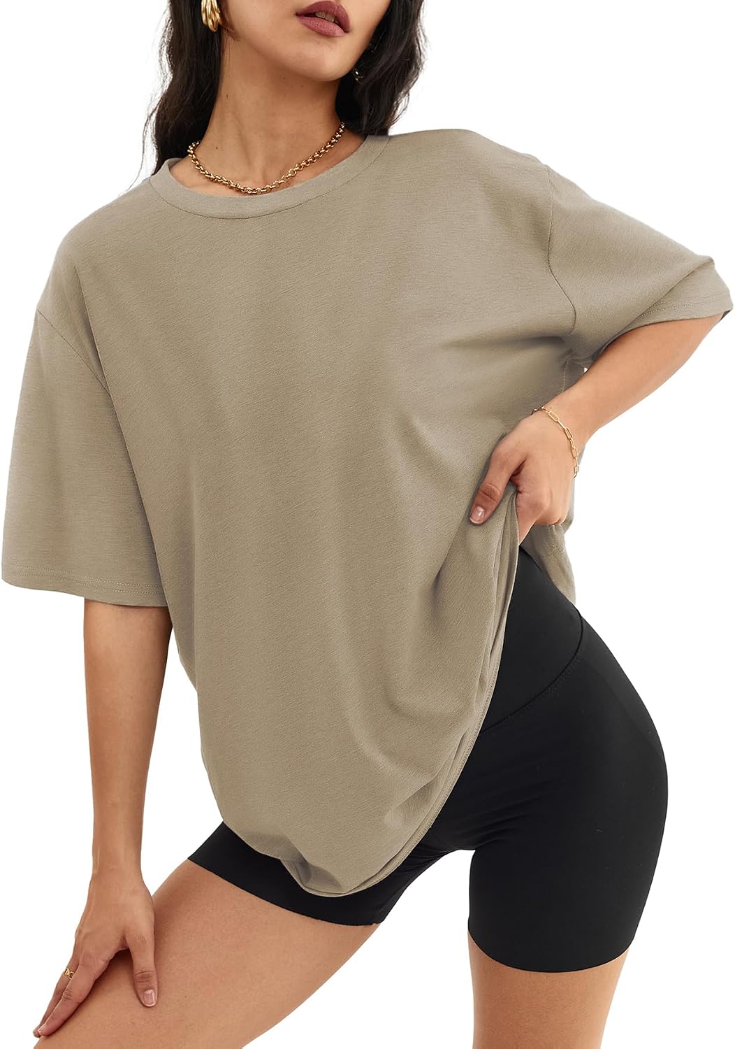 Oversized {color} graphic gym tee with moisture-wicking fabric, loose-fit short sleeve design for athleisure — front