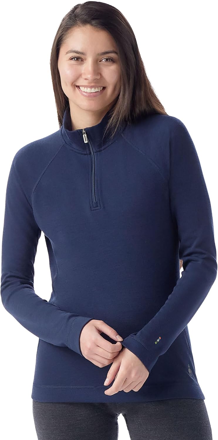 Heather grey merino wool thermal base layer 1/4 zip with moisture-wicking fabric, front and back views — view 1