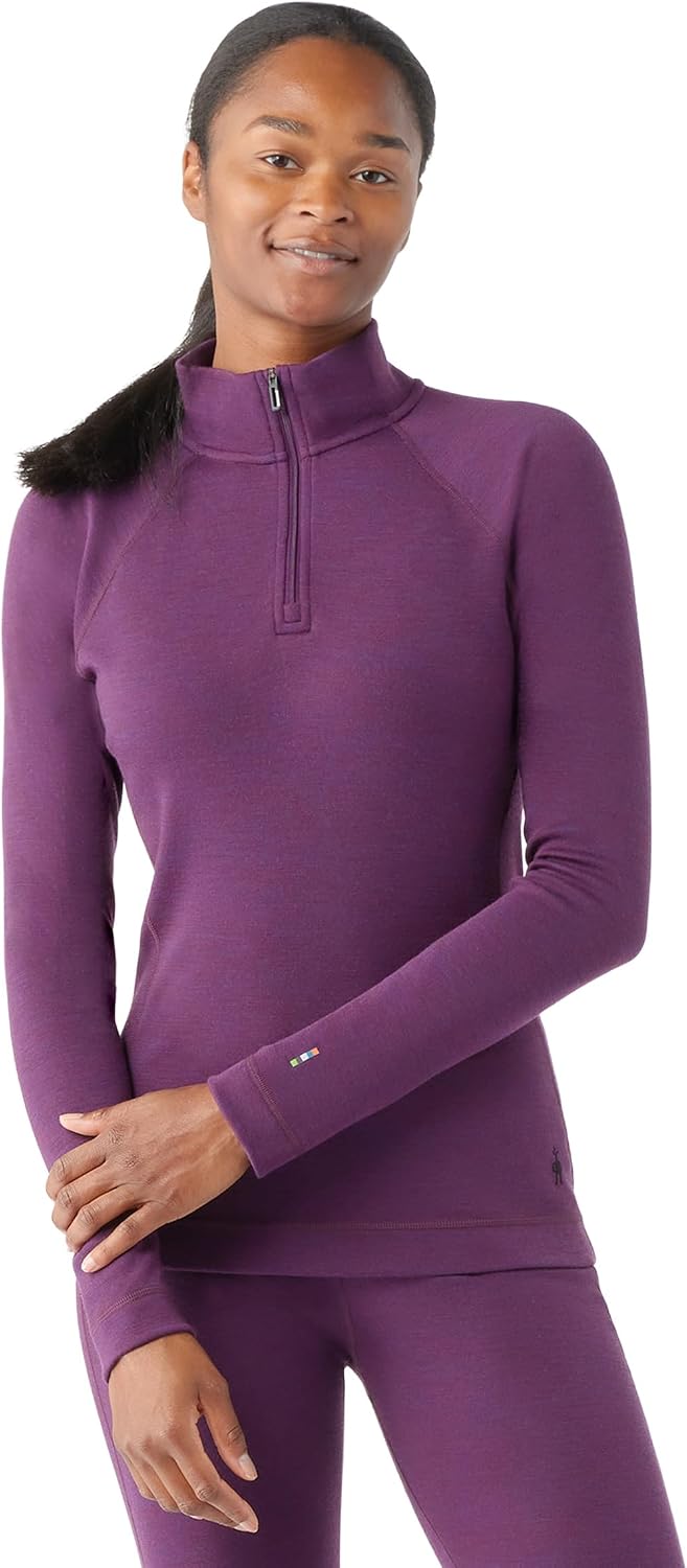 Heather grey merino wool thermal base layer 1/4 zip with moisture-wicking fabric, front and back views — view 1