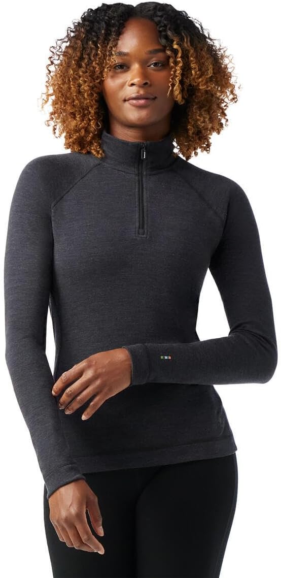 Heather grey merino wool thermal base layer 1/4 zip with moisture-wicking fabric, front and back views — view 3