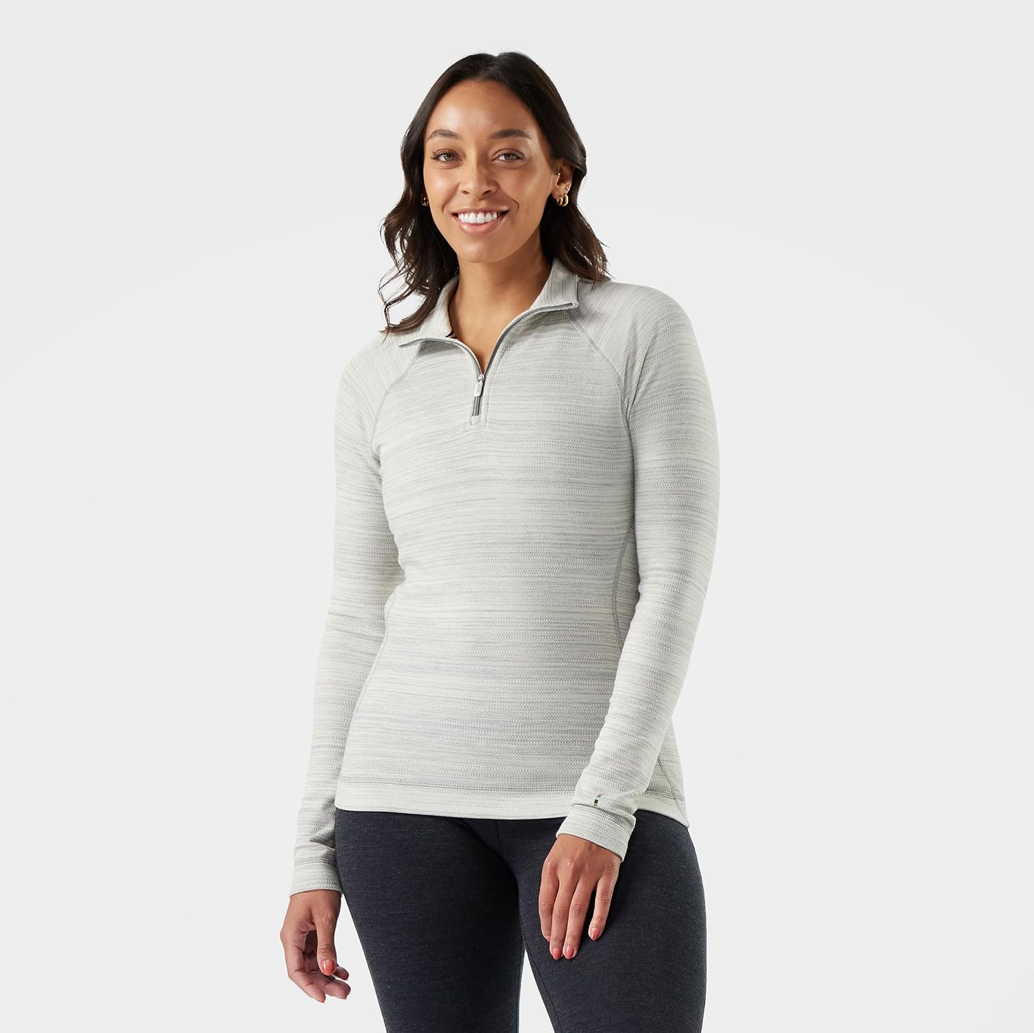 Heather grey merino wool thermal base layer 1/4 zip with moisture-wicking fabric, front and back views — view 4