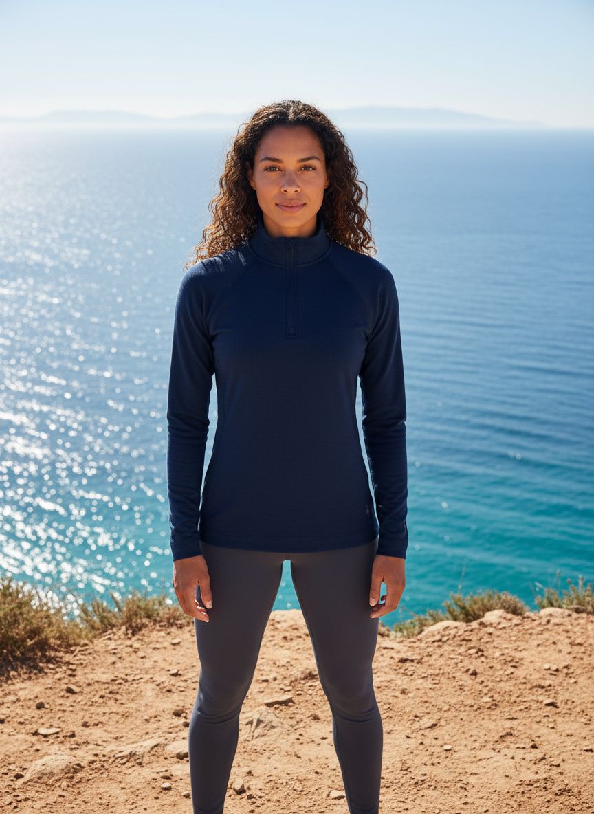 Heather grey merino wool thermal base layer 1/4 zip with moisture-wicking fabric, front and back views