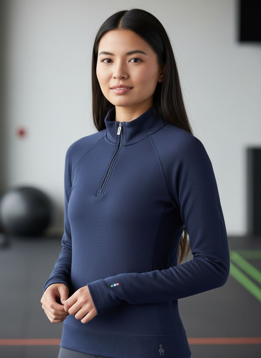 Heather grey merino wool thermal base layer 1/4 zip with moisture-wicking fabric, front and back views — view 2b