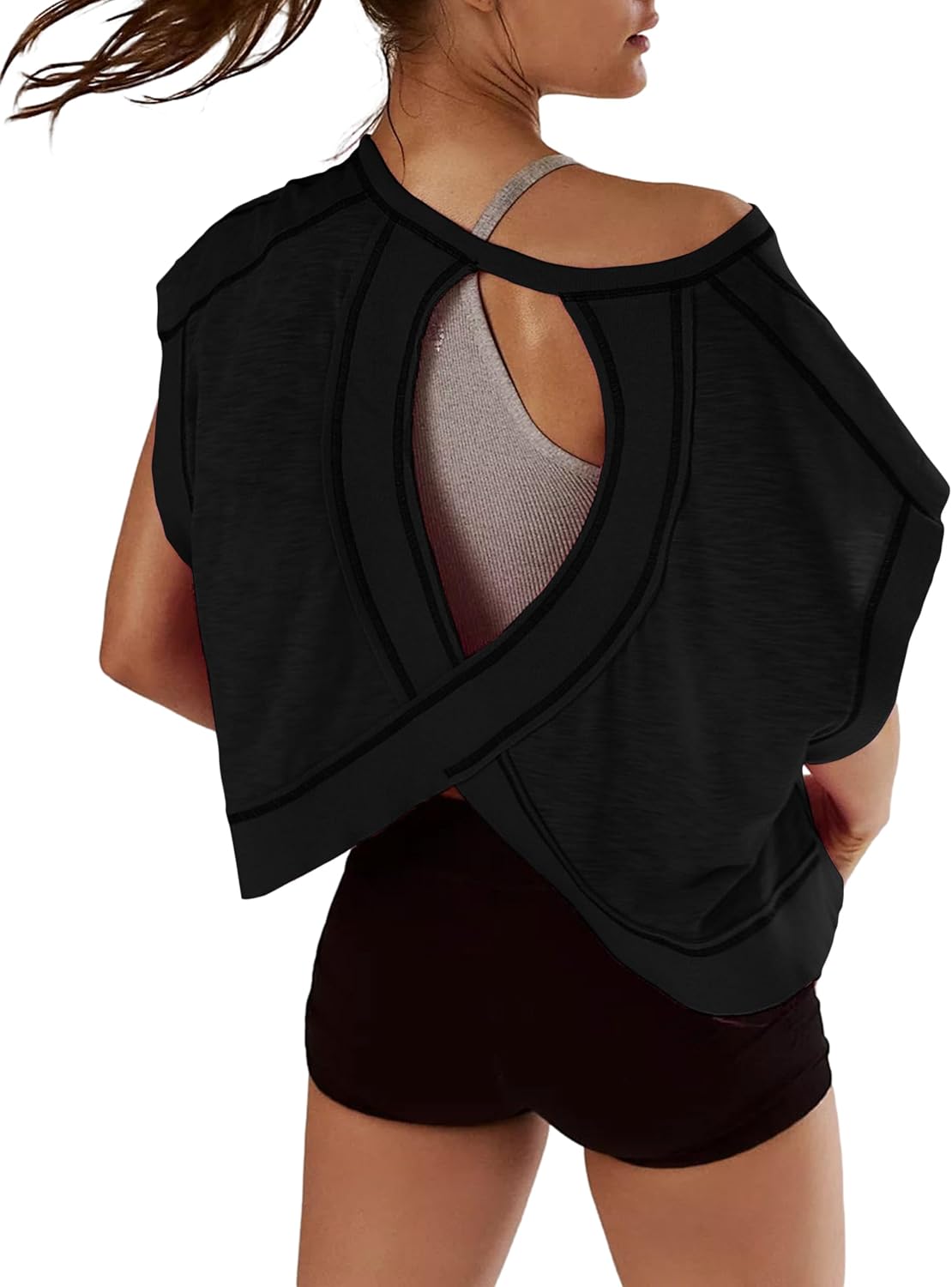 Open back yoga crop top in [color] with relaxed fit and moisture-wicking fabric — front