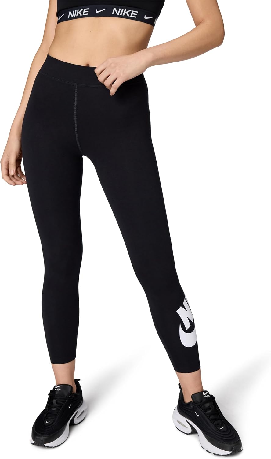 Black high-waisted graphic leggings with four-way stretch fabric, shown from front/back/side view — view 1